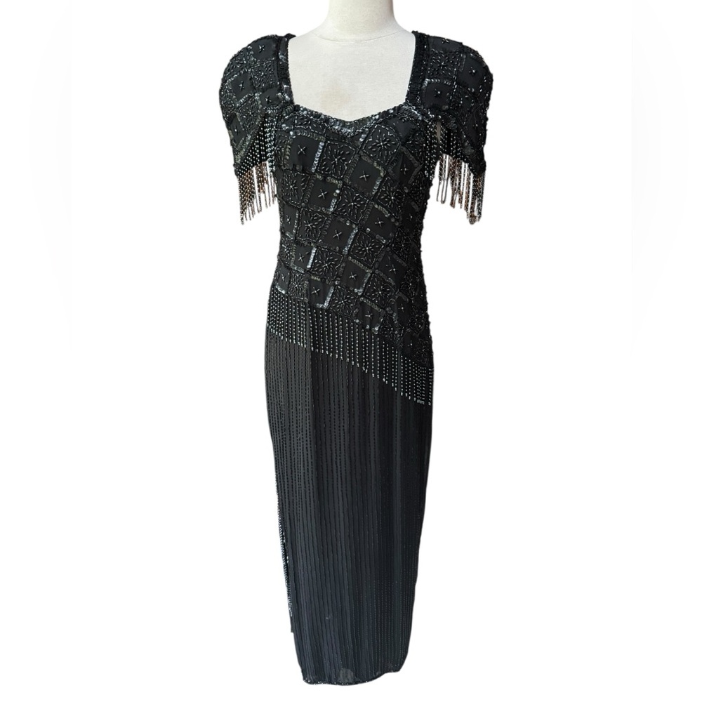 1980s does 20s Flapper Style Nadine Boutique 100% Silk Beaded Fringe Sequin Gown